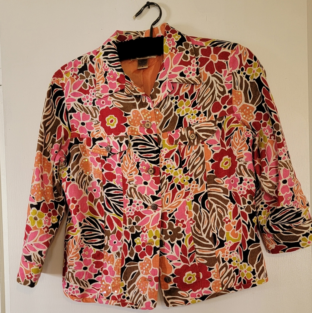 Patrick Christopher Linen Blazer Floral Sz M Sequins Pockets 3/4 Sleeves VTG Y2K